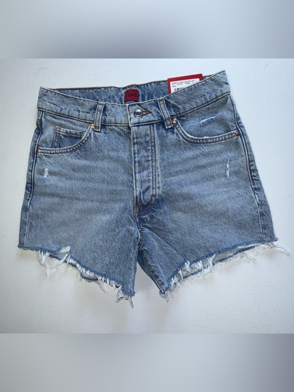 Hugo Boss High Rise Cut Off Denim Shorts Light Wash Raw Hem  25 NWT button fly - Picture 2 of 14